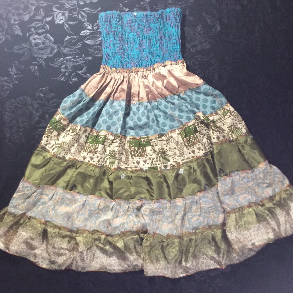 Vintage Boho Silk Sari Patchwork 2-Way Smocked Tube Dress / Maxi Skirt-XSmall - Picture 2 of 11